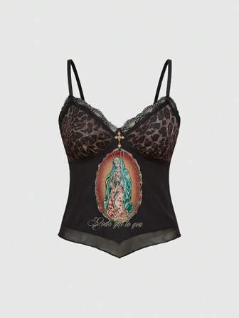 Fairycore Top camiseta de tirantes con parches, estampado de leopardo, aplicaciones de strass y encaje, estilo Y2K de María