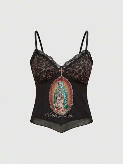 ROMWE Fairycore Top camiseta de tirantes con parches, estampado de leopardo, aplicaciones de strass y encaje, estilo Y2K de María