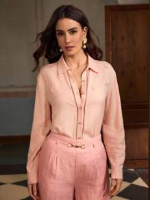 ZEYLAH Linen Shirt With 3D Floral Decoration, Fashionable For Summer - Pink - View 6