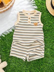 Set de 2 piezas con chaleco y pantalones cortos estampados con rayas y dibujos animados para niños en verano