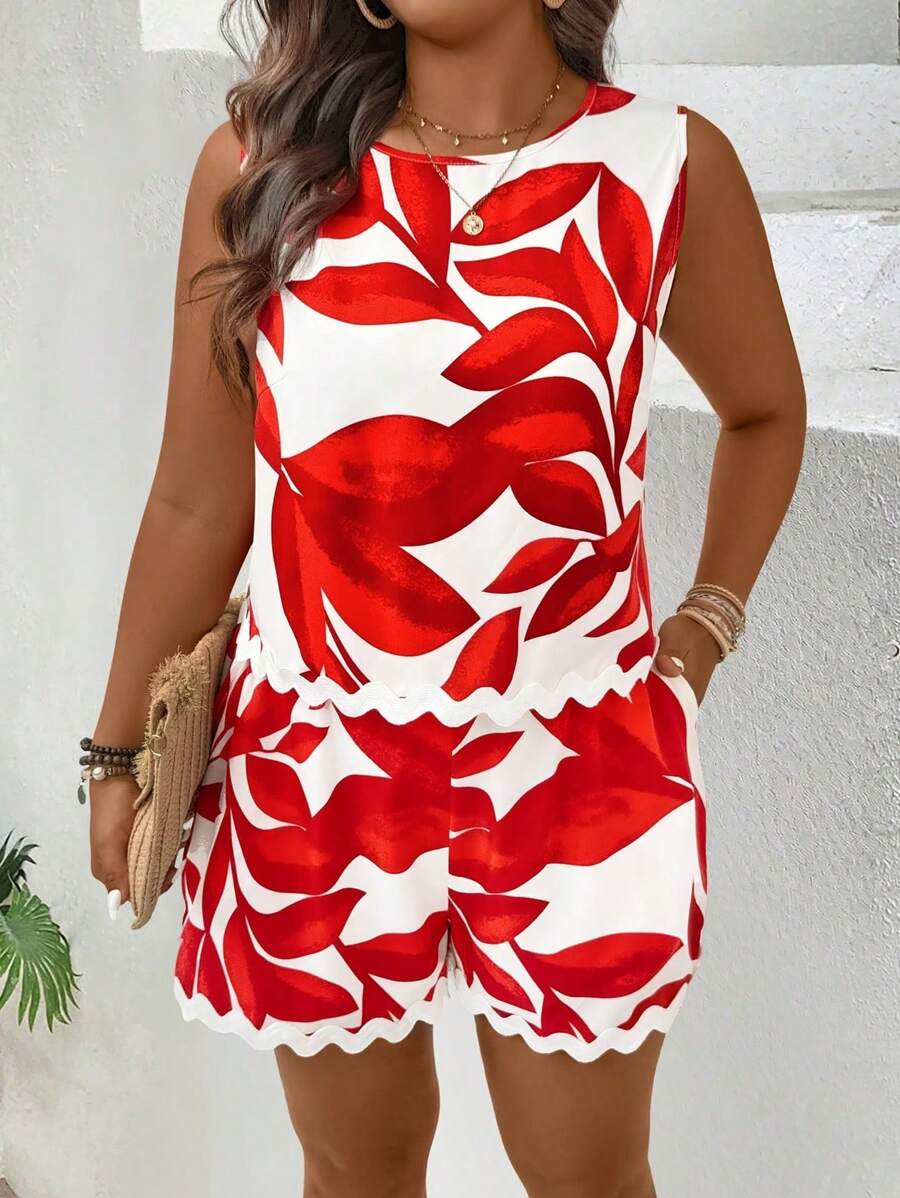SHEIN Clasi Plus Size Women Casual Holiday Floral Print Camisole And Shorts 2-Piece Set - Multicolor - View 1