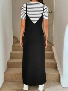 SHEIN 2pcs/Set Maternity Stripe Round Neck Short Sleeve T-Shirt And Cami Dress Set, Summer Maternity Clothes Maternity Dresses Maternity Two Pieces Suit