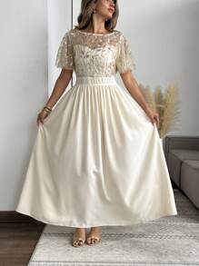 SHEIN Clasi Plus Size Women's Gold Summer Elegant Wedding Guest Sequin & Beaded Floral Pattern Mesh Panel Shiny Maxi Dress,Ladies Party Wedding Cocktail Gown - Champagne - View 1