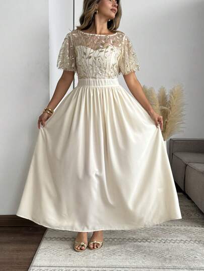 SHEIN Clasi Plus Size Women's Solid Color Luxurious Sequin & Beaded Floral Pattern Mesh Panel Solid Shiny Fabric Maxi Dress, Elegant Ladies Party/Wedding/Business Event Cocktail Gown