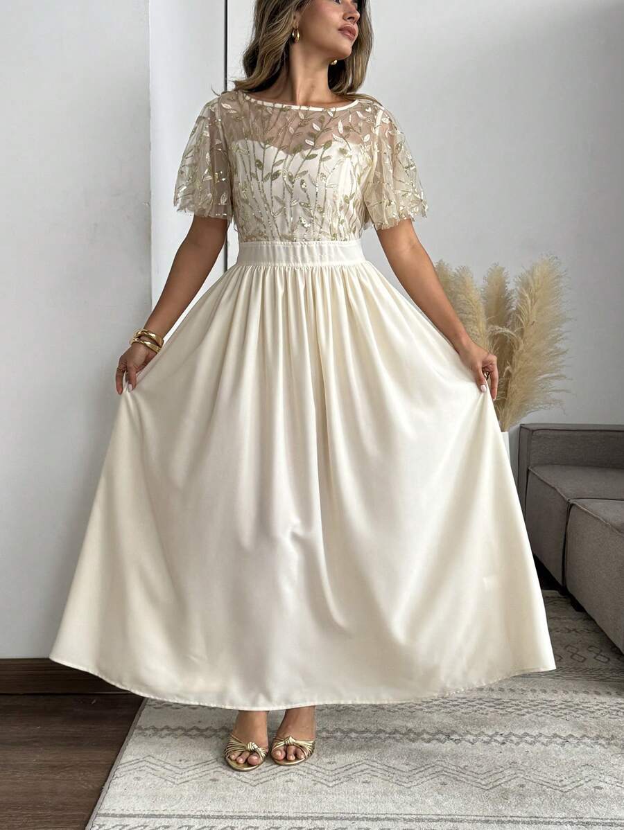 SHEIN Clasi Plus Size Women's Gold Summer Elegant Wedding Guest Sequin & Beaded Floral Pattern Mesh Panel Shiny Maxi Dress,Ladies Party Wedding Cocktail Gown - Champagne - View 1