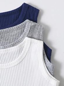 SHEIN Vintaside Kids 3件組男嬰夏季休閒套裝，包含背心連身衣，柔軟舒適棉質面料，深藍色與白色，親子穿搭度假出遊套裝 - 寶藍色 - 查看 4