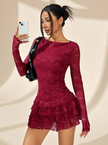 SHEIN PETITE Women's Burgundy Elegant Long Sleeve Lace Trim Floral Layered Ruffle Hem Mini Club Dress,Autumn Night Out Drop Waist Birthday Party Mini Dress - Burgundy - View 6