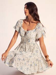 SHEIN Tall 女士夏季度假风格蓝色碎花纹理泡泡袖休闲短款连衣裙 女士春季服装 女士夏季连衣裙 女士春季服装 女士度假服装 女士沙滩服装 女士春季连衣裙 复活节服装 女士 Fairycore 浪漫婚礼季服装 日常服装、茶会礼服、女士夏季连衣裙