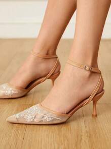 CUCCOO HITCHD Women's Shiny Crystal Pointed Toe Wine Glass Heel Elegant Romantic Apricot Mesh Upper High Heel Pumps, New Bride Wedding Party Dress Shoes, Ankle Strap Fashion Gala Evening Wear - Khaki - View 5