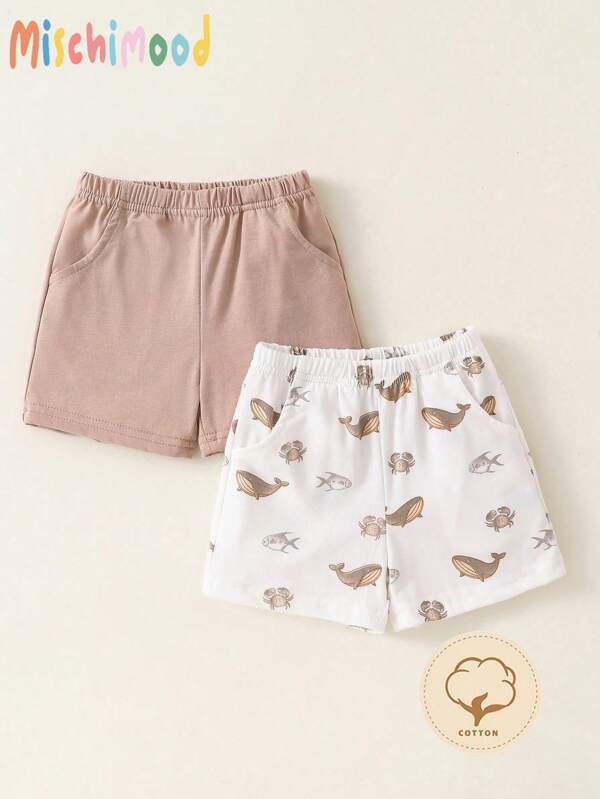 Set de 3 pantalones cortos casuales para niños pequeños con unicolor y estampado de tiburón, cómodos