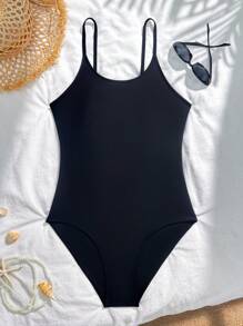 SHEIN Teen Girls' One-Piece Black Swimsuit, Fashionable, Elegant, Suitable For Swimming, Vacation, Summer, Beach, Pool Black One Piece Swimsuit Women Black Swimsuit Teen Swimsuit Black Bathing Suit Women Swimwear - Black - View 3