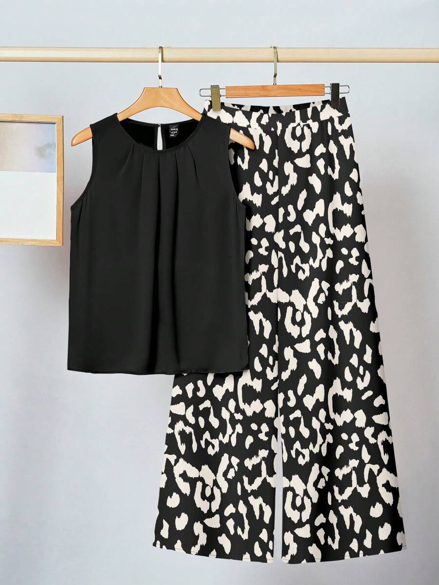 SHEIN Clasi 2pcs Women's Casual Sleeveless Loose Top And Leopard Print Pants Set, Suitable For Summer - Multicolor - View 1
