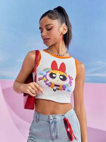 THE POWERPUFF GIRLS X SHEIN Áo ba lỗ cổ tròn cắt ngắn họa tiết hoa tương phản - trắng - Xem 5