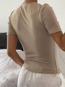 DAZY Women's Fitted Off-Shoulder Short Sleeve T-Shirt, Casual Everyday Wear - Khaki - View 4