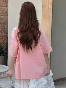 Dazy Kids 青少年女孩休闲蝴蝶刺绣宽松落肩衬衫，夏季，返校服装 - 粉色 - 查看 8