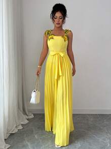 Elenzga Ärmellose Damen-Jumpsuit mit elegantem geraffter Taille Design, floralen gestickten Schulter Details, geeignet für Alltag und Urlaub