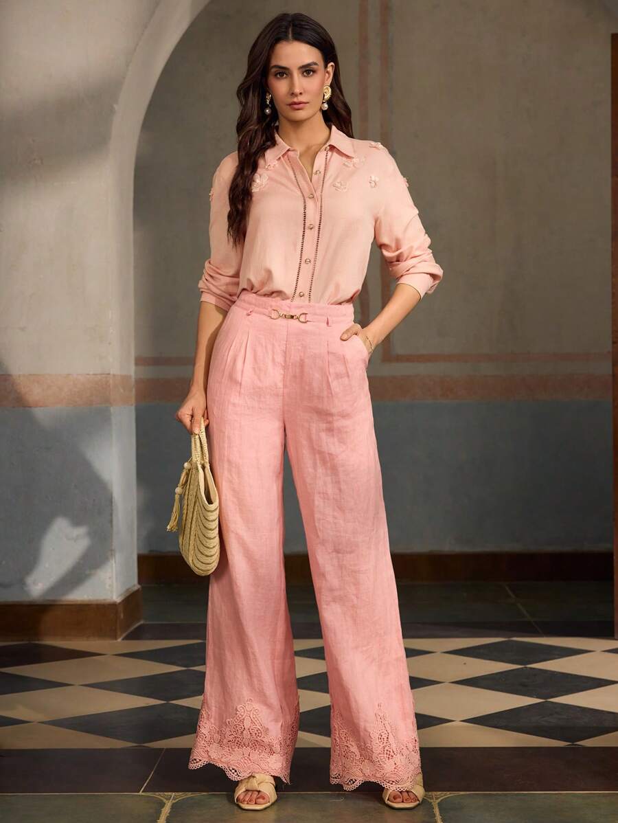 ZEYLAH Linen Shirt With 3D Floral Decoration, Fashionable For Summer - Pink - View 1