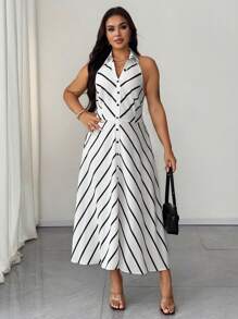 SHEIN Unity Plus Size Striped Collared Button Down Waist Cinched Waist Midi Dress, Work Casual For Summer - Black and White - View 4