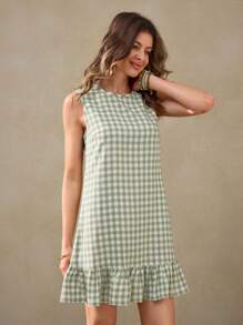 Wildy New Summer American Western Country Vacation Romantic Ruffle Trim Green Plaid Mini Dress Gingham Dress Country Casual Dress For Women - Green - View 5