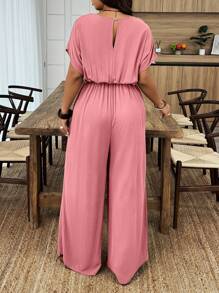 SHEIN LUNE Plus Size Solid Color Deep V-Neck Casual Versatile Short Sleeve Jumpsuit - Pink - View 2