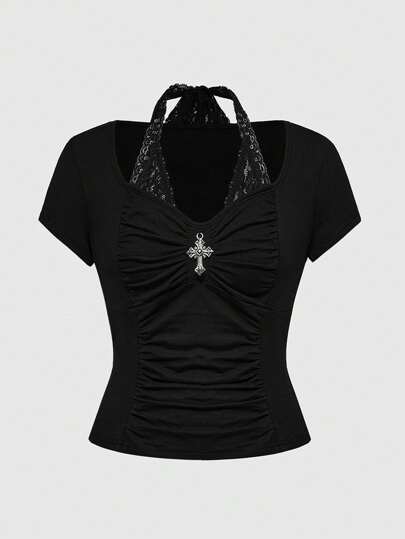 Goth Maglietta oversize con pizzo stile gotico, senza maniche, 2 in 1