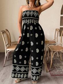 Weeklong 大码女式松紧腰图腾印花阔腿度假沙滩裤 - 黑色 - 查看 5