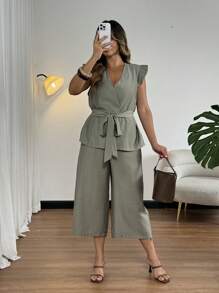 SHEIN Clasi Plus Size Women's Elegant Linen Fabric Top And Wide Leg Pants 2 Pieces Set, Suitable For Commuting, Office, Casual, Beach, Spring/Summer - Army Green - View 1