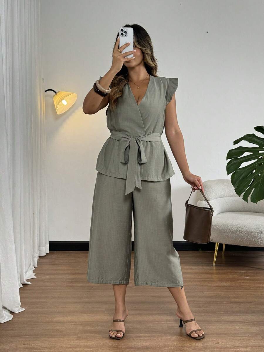 SHEIN Clasi Plus Size Women's Elegant Linen Fabric Top And Wide Leg Pants 2 Pieces Set, Suitable For Commuting, Office, Casual, Beach, Spring/Summer - Army Green - View 1