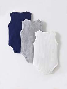 SHEIN Vintaside Kids 3件組男嬰夏季休閒套裝，包含背心連身衣，柔軟舒適棉質面料，深藍色與白色，親子穿搭度假出遊套裝 - 寶藍色 - 查看 2