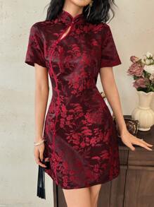 EastFlair Women Floral Print Short Sleeve Mini Dress Women Summer Clothes Dress Women Dresses Elegant Gown Cheongsam Dress Qipao Dress Chinese Dress Asian Dress Floral Cheongsam