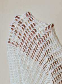 Swim Vcay Women's Solid Crochet Round Neck Sleeveless Mesh Beach Coverup Dress, Casual Vacation Elegant Boho Style With Shell Decor For Summer - White - View 6