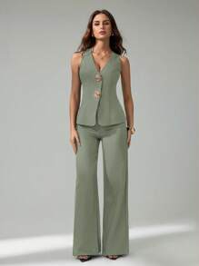 SHEIN Tall 2件套女士无袖开衫背心和休闲裤套装 - 薄荷綠 - 查看 6