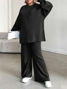 EURMUSE Plus Size Sweatshirt Set, Solid Color Long Sleeve Sweatshirt & Pants, Fashionable For Summer - Black - View 5