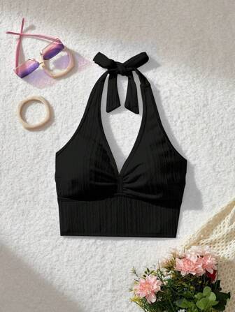 SHEIN MOD Neck Tie Front Ruched Knit Jacquard Pink Swimsuit Top