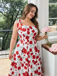 SHEIN MOD 大码复古红白玫瑰花卉浪漫花园度假连衣裙，腰部蝴蝶结 - 彩色 - 查看 5