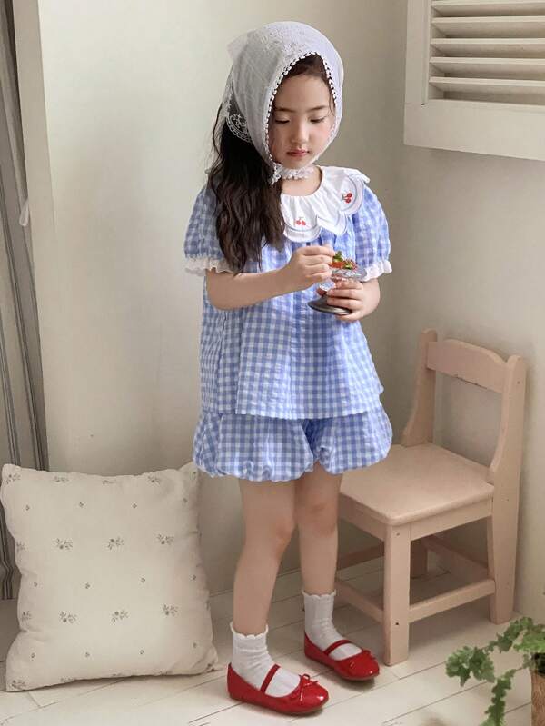 DAZY Young Girl Ruffled Embroidered Cartoon Plaid Short Sleeve Shirt And Loose Casual Pants Set, Cute Korean Style, Girls Summer Outfits