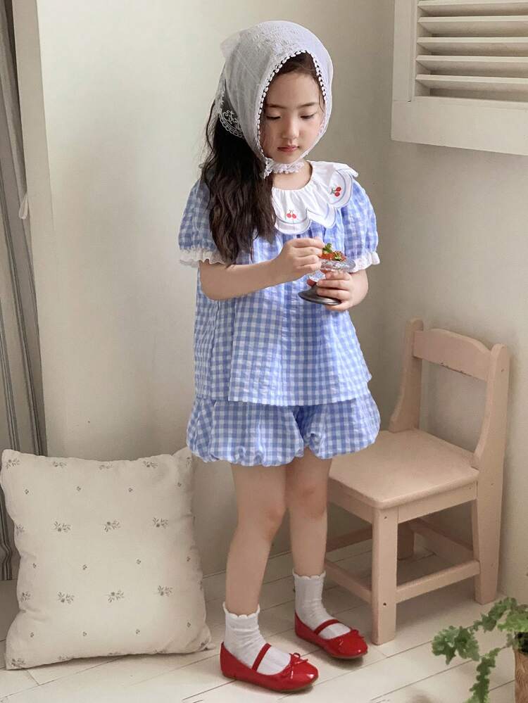 Young Girl Ruffled Embroidered Cartoon Plaid Short Sleeve Shirt And Loose Casual Pants Set, Cute Korean Style, Girls Summer Outfits