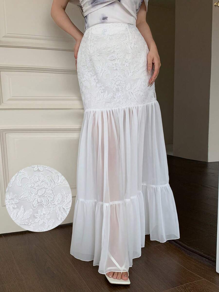 Modelyn Falda plisada de línea A de chifón con parches de tela texturizada para mujeres - Blanco - Ver 1