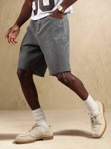 SUMWON 原始剪裁百慕大长度破洞牛仔短裤磨损下摆复古风格夏季街头休闲牛仔短裤直筒版型 - 灰色 - 查看 1