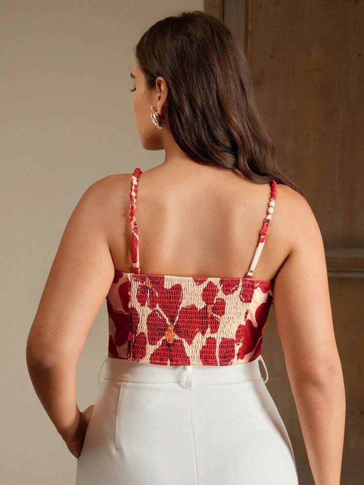 Ladies' Plus Size Spring/Summer Fashion Print Elegant Suspender Red Top