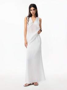 LYSMO 2025 春夏新款女士高端时尚白色缎面 A 字修身美人鱼长裙，适合浪漫约会、简约休闲风格、轻松度假和波西米亚风 - 白色 - 查看 4