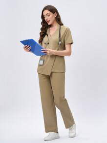 Scrubzie 2pcs/Set Women Nurse Scrub Uniform Wrap Top And Anti-Wrinkle Long Pants - Khaki - View 3