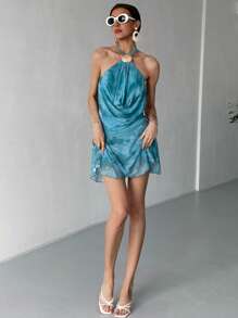 Aloruh Abito mini con scollo a drappeggio e stampa tie-dye, di moda