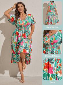 Comfylo 大码女式花卉印花 V 领飘袖中长连衣裙，度假风格 - 彩色 - 查看 1