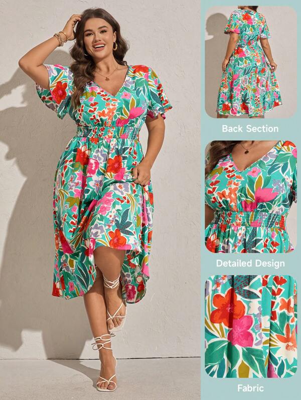 Comfylo Abito midi da donna taglie forti con scollo a V, maniche a volant e stampa floreale, stile vacanziero