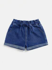SHEIN Solid Color Knotted Paper Bag Waist Pocket Summer Casual Denim Shorts - Dark Wash - View 3