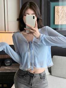 DAZY 女式蕾丝拼布抽绳系带袖口长袖上衣，秋季女装 - 藍色 - 查看 8