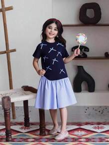 Tween Girls Casual Striped Patchwork Bow Decor Summer Dress Casual Dress For Girls Casual Dresses For Girls Casual Dress For Kids Kids Dress Casual Casual Dress For Young Girls