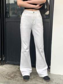 SHEIN EZwear 女式高腰弹力牛仔紧身白色喇叭牛仔裤 - 白色 - 查看 5