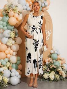 Loomaby 孕妇休闲无袖印花系腰夏季连衣裙 - 卡其色 - 查看 1